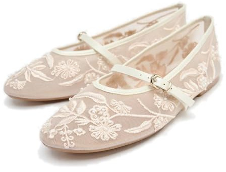 Mesh Ballet Flats for Women Embroidered Floral Mary Jane Flats Round Toe Slip On Ballerina Shoes Comfortable Casual Daily Dress Flat Shoes