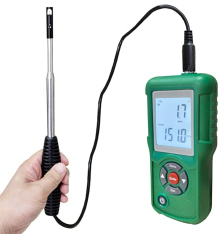 Vanlison Anémomètre professionnel à fil chaud – Mesure de la vitesse du vent et du débit d'air pour CVC, mesure CFM/CMM, température (℃/℉), conduits de ventilation, ventilateurs | Arrêt automatique et