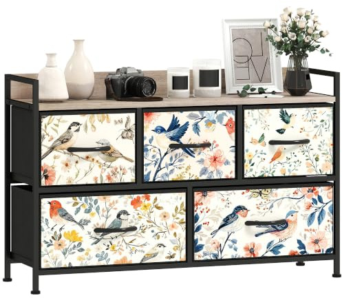 HOMCOM Bedroom Chest of Drawers, Fabric Dresser with 5 Drawers, White
