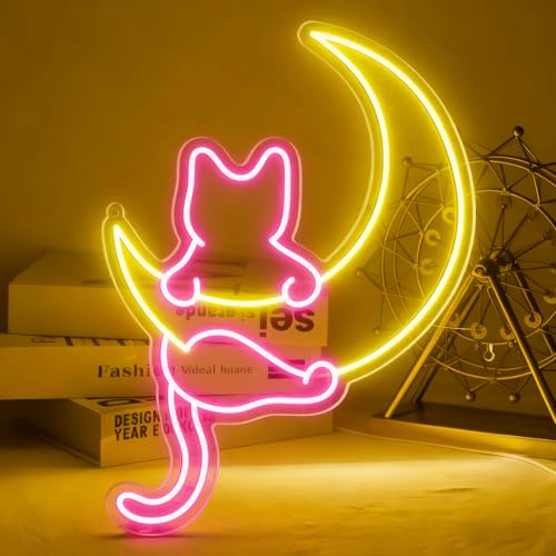 Moon Cat Neon Schild, LED Anime Katze Neon Sign für Wand Deko, Dimmbare Leuchtreklame USB Power für Kinderzimmer Schlafzimmer Wohnzimmer Zimmers Bar Home Hochzeit Geburtstag Party