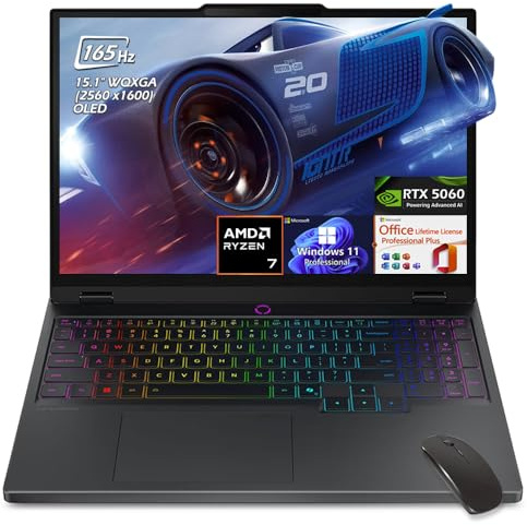 Lenovo Legion 5 Gaming Notebook, (15 WQXGA OLED 165Hz, AMD Ryzen 7 260, RTX 5060, 16GB DDR5 512GB SSD), retroilluminato KB, WiFi7, Win11 Pro Office Licenza a vita, Nero Eclipse, W/GaLiMu