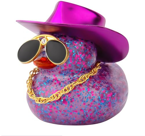 Vesavifaka Auto Gummiente, Auto Armaturenbrett Dekorationen Bunte Laser Cowboyhut Ente als Auto Ornament, Zubehör für Büro Geschenke, Ente mit Hut, Halskette und Diamantbrille