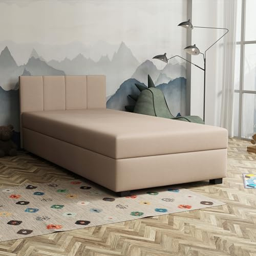 TAPCZANY24 - Boxspringbett Adel 120x200 cm mit Bonell Matratze | Bett mit Matratze, Polsterbett mit Bettkasten, Gepolstertes Einzel Bett, Schlafsofa - Biskuitbeige