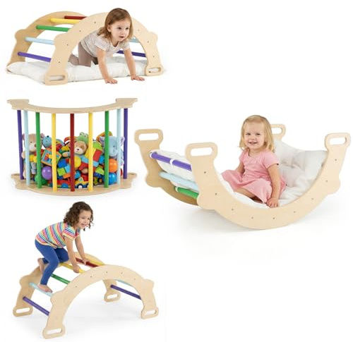HOMASIS Kletterbogen mit Kissen, Holz Klettergerüst Indoor, Montessori Holzwippe Bogenwippe zum Wippen & Klettern, Picklerdreick Baby, Kletterdreieck Klettergeräte für Kinder ab 3 Jahre (Farbig)