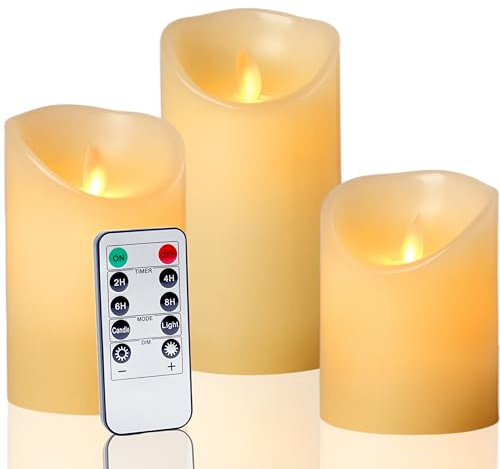 Auralome Led Kerzen mit Timer - Echtwachs Led Kerzen Outdoor Flackernde Flamme D8 cm Stumpenkerzen mit Fernbedienung Elektrische Kerze Flammenlose für Innen und Außen Dekoration Elfenbeinweiß 3er-Set