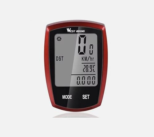 Kabelloser Fahrradcomputer, LCD Fahrrad Tacho mit Hintergrundbeleuchtung, Wasserdicht, Kilometerzähler, Geschwindigkeit & Temperatur, Schwarz/Rot