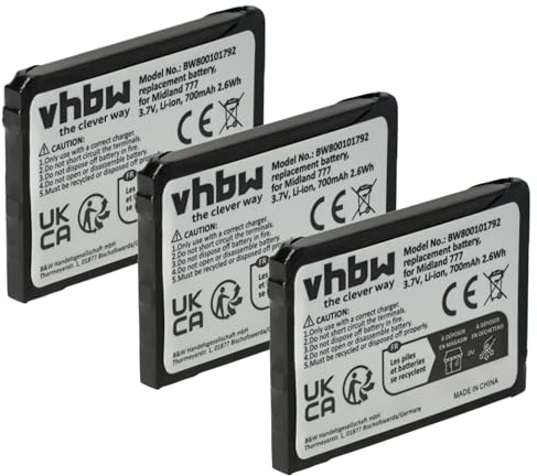 vhbw 3X Akku kompatibel mit Alan/Midland 777, PMR446, PMR446+ Funkgerät, Walkie Talkie (700 mAh, 3,7 V, Li-Ion) - Ersatz für FB-777