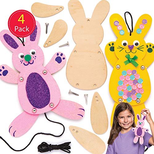 Baker Ross AW331 Hasen-Holzpuppen-Set, Osterbasteln für Kinder zum Zusammenbauen und Dekorieren, 3 x 26 x 15 cm, 4 Stück, Rosa