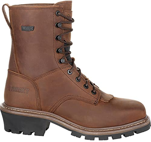 ROCKY Square Toe Logger Waterproof Work Boot, Dark Brown, Size 10.5(W)