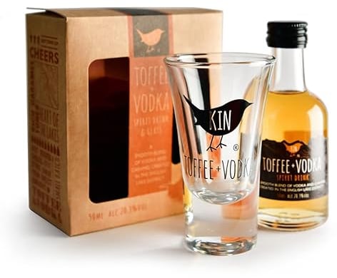 ‎Kin Toffee Vodka 20.3% ABV - Toffee Vodka Spirit Drink with Branded Kin Shot Glass. Created in the Lake District, Stylish Gift Pack, 5cl Bottle