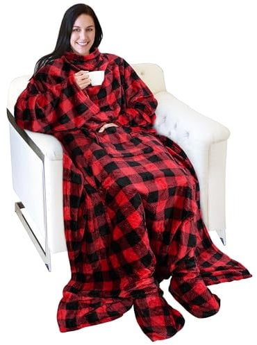 Catalonia Wearable Fleece Blanket with Sleeves and Foot Pockets for Adult Women Men, Micro Plush Comfy Wrap Sleeved Throw Blanket Robe Large, Red Checker Plaid