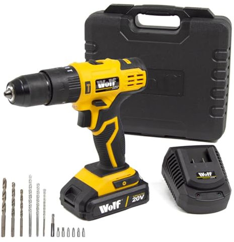 Cordless Combi Drill 20V Impact Variable Speed 0-1500rpm Wolf 13mm 1/2 Inch Keyless Chuck 30Nm 21+1+1 Torque 1.5Ah Li-Ion Battery - 2 Years Warranty