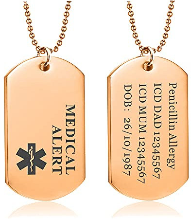 Medical Alert Dog Tag Necklace for Men Women Personalized ID Medical Allergy SOS Awareness of Any Condition Ultimate Emergency Identity for Men Women or Teens with Chain (Champagne Gold)