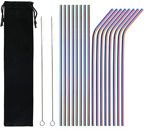 Qoosea Metall Strohhalme 18 Stück Edelstahl Regenbogenfarbe Wiederverwendbare Trinkhalm 10,5 Ultra lang für 20/30 Unzen Trail Trinkgläser (8 gerade | 8 gebogen | 2 Bürsten)