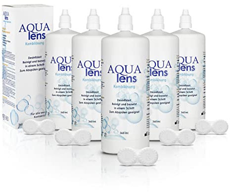 AQUA lens Kontaktlinsen Fluessigkeit 5x360 ml - 1800 ml +5 Behälter - Premium All-in-One Kombilösung für weiche Kontaktlinsen mit HPMC