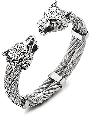 COOLSTEELANDBEYOND Regolabile Bracciale da Uomo, Testa di Lupo Due File Cavo Intrecciato Braccialetto del Polsino, Acciaio Inossidabile