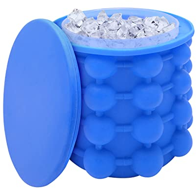 Ice Cube Maker, Silikon Eiseimer mit Deckel Platzsparende Eiswürfelbereiter Blau Eiswürfel GefäßKühler für Whiskey, Cocktail und Jedes Getränk BBQ
