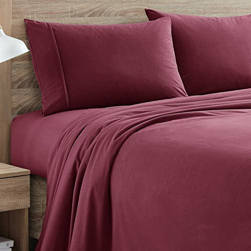 Juego de sábanas de franela cálidas y acogedoras con bolsillo profundo transpirable para todas las estaciones con fundas ajustadas, planas y de almohada, tamaño King, color rojo burdeos