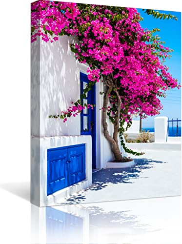 QTESPEII Leinwand-Wandkunst, weißer Zaun mit blauer Tür, umgeben von rosa Bougainvillea-Blume, Griechenland, schöne Landschaft, Druck, Bilder, Wanddekoration, 30.5x40.6 cm
