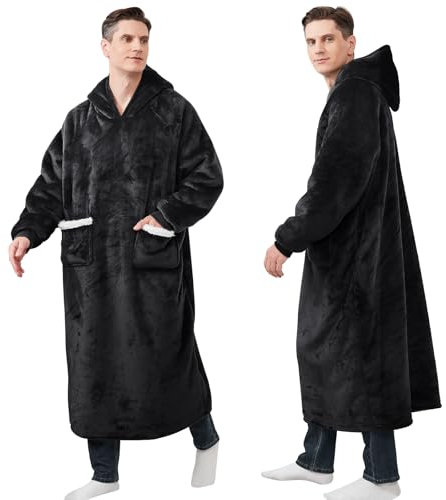 Aisbo Sherpa Hoodie Decke mit Ärmeln - Übergroße Tragbare Kuscheldecke mit Kapuze Blanket zum Anziehen Damen Erwachsene, Schwarz Warme Dicke Ärmeldecke 130x82cm Herren als Geschenke