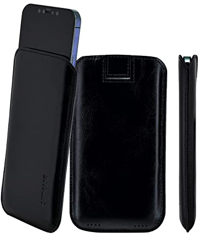 Suncase Original Leder Etui kompatibel mit iPhone 14 (6.1) Hülle Tasche Ultra Slim Ledertasche Schutzhülle Case (mit Rückzuglasche) in schwarz