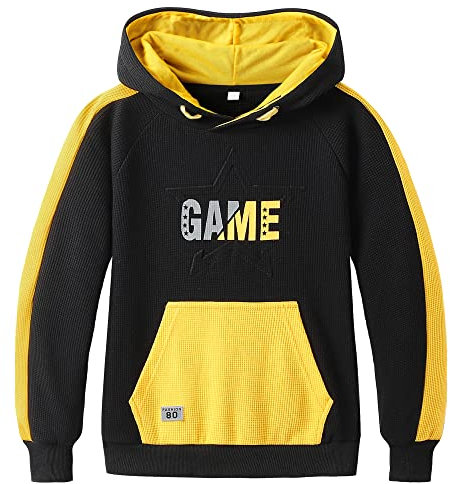 LAUSONS Hoodies for Boys Kids Gaming Hooded Sweatshirt Pullover & Zip Up Jumper, Gamer Black Yellow/Size 120 4-5T