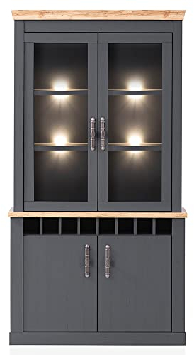 Lomadox Buffetvitrine Vitrinenschrank Küchenbuffet Landhaus inkl. Beleuchtung in anthrazit mit Wotaneiche Nb., B/H/T ca. 110/201/38 cm