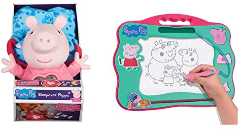 SLEEPOVER PEPPA SOFT TOY BEDTIME LULLABY TOY WITH LIGHTS AND SOUNDS PRESCHOOL GIFT AGE 3, 4, 5 & Travel Magnetic Scribbler pad with pen and 3 stamps, draw and erase with no mess