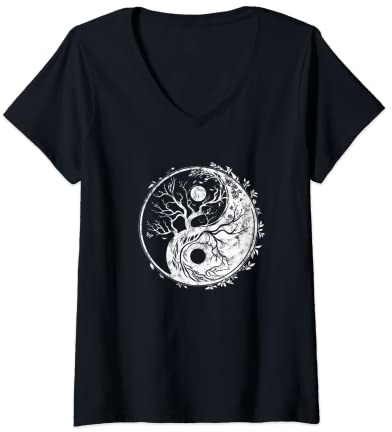 Best Design Trends I SIGNS AND SYMBOLS I Star Park Damen Yin Yang, Baum des Lebens floral, Tai Chi, Qigong, Yoga, Taoismus T-Shirt mit V-Ausschnitt Schwarz S