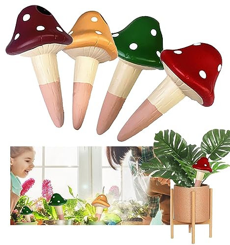 4PCS Autorriego para Macetas, 150ml Bolas de Riego para Plantas Bonita Forma de Seta Kit Riego Plantas Vacaciones Cerámica Autoriego Macetas Gotero de Plantas para Interiores y Exteriores