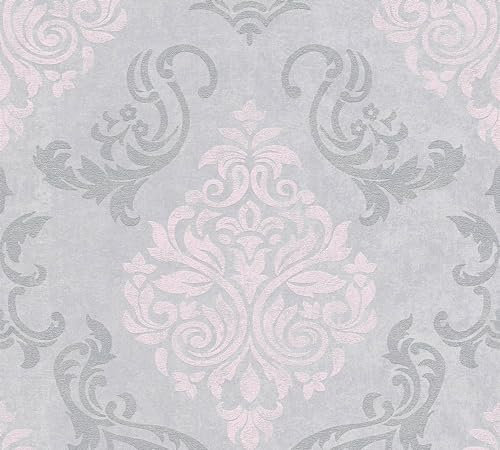 Barock Tapete Profhome 953726-GU Vliestapete leicht strukturiert mit Ornamenten schimmernd grau silber rosa 5,33 m2
