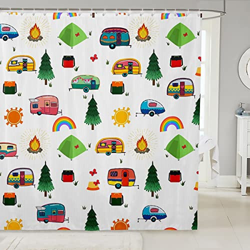 Cortina de baño de Camping Arco Iris,Cortina de Ducha para Camping,Cortinas de baño Happy Glamping,Accesorios de baño de 72 Pulgadas de Ancho x 84 Pulgadas de Largo,pinos,Campamento,Viajes,c