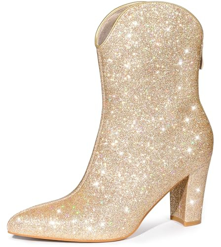 Allegra K Stivali a metà polpaccio da donna glitterati a forma di V a punta con cerniera posteriore e tacco a blocco, Oro, 39 EU