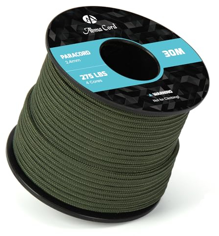 Abma Cord Paracord 275 Nylon Seil 2,4mm 30m Schnur mit 4 Kern für Basteln, Camping, Survival - Max. 125kg (275lbs) - Armee Grün
