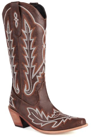 Donne Western Stivali da cowboy with Embroidered Moda Retrò Classico Tall Boot Pull On per donne Ragazze Le signore Marrone Numero 34