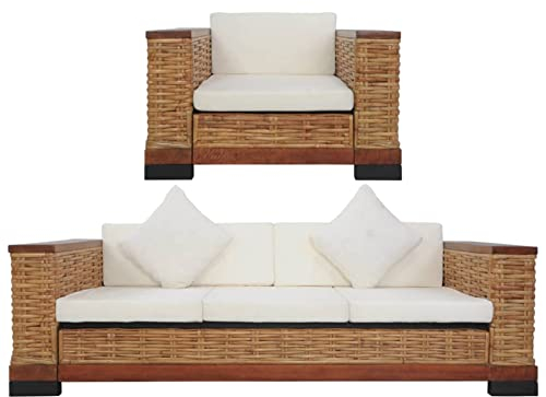 Camerina 2-TLG. Sofagarnitur mit Auflagen Braun Natur Rattan Wohnzimmer Couch Ecksofa Klein