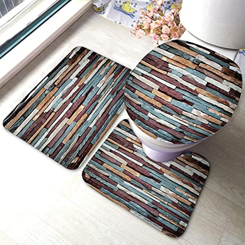 Set 3 Teilig Badvorleger Abstrakter Retro Druck Mit Farbigen Steinen Badgarnitur Badematten Waschbar Wc-Deckelbezug, Für Badezimmer, Wohnzimmer