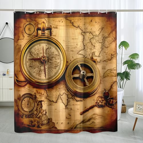 DESIHOM Ensemble de rideaux de douche en polyester avec carte au trésor nautique, style vintage, carte des pirates, décoration de salle de bain, 183 x 183 cm