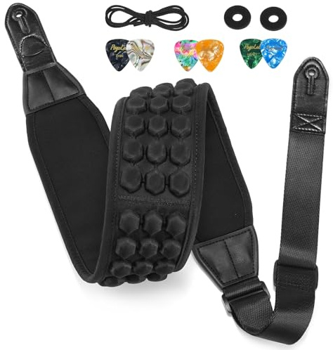 POGOLAB Guitar Strap, 3.5 Wide Air Cell Cushions Neoprene Padded Soft Comfortable Bass Strap, Adjustable Length from 53 to 64 with Strap Locks & Picks, for Bass Electric Guitar (Long) Black