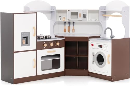 Kids Corner Kitchen Playset, Wooden Play Kitchen with Washing Machine, Range Hood, Ice Maker, Microwave, Oven, Sink, Little Chef Pretend Cooking Toy Set for Toddler (Brown)