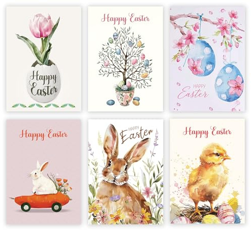 Giftinghouse Easter Cards Multipack of 6/12 - Happy Easter Cards with Envelopes Featuring 6 Unique Mixed Designs, Eco-friendly Blank Inside Greeting Card for kids & Family (12)