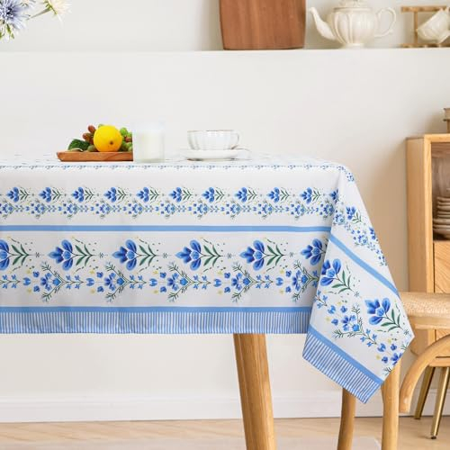 Arquiel Tischdecke Blau Weiß, Tischdecken Abwaschbar Rechteckige Tischtuch Blumen Dekorative Bordüre Tischdeck Für Garten, Küche Essen Parteien Sommer (140X180Cm)