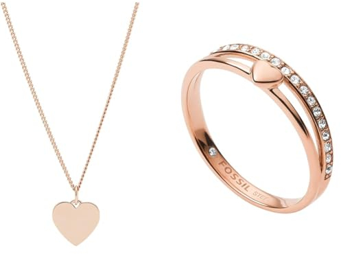Fossil Halskette für Frauen, Herz-Anhänger und Edelstahl-Halskette, Länge 45cm, Roségold & Ring Für Frauen Vintage Glitz, Länge: 21,5 X 20 X 6 Rose Gold Edelstahl Ring, JF03460791