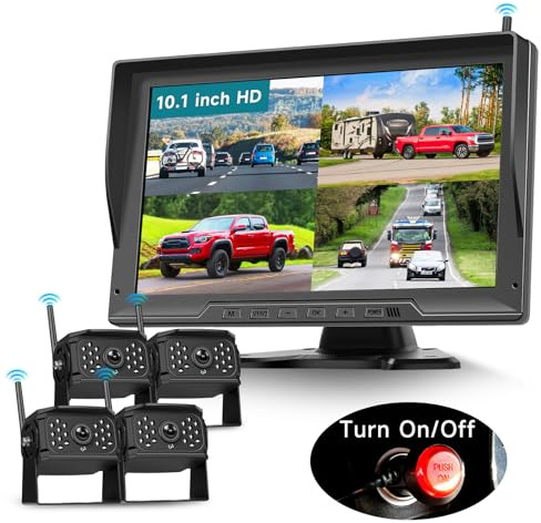 Podofo 4 Telecamere di Retromarcia Wireless con IPS da 10,1 pollici Monitor,1080p,IP69 Visione Notturna 170°, per camper/roulotte/camion,schermo a 4 divisioni,video in loop, zoom immagine