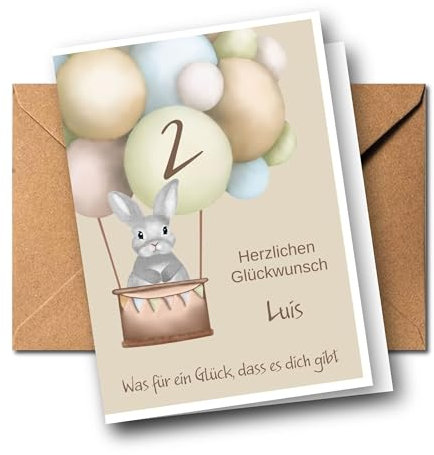 Personalisierte Kinder Glückwunschkarte zum 1. 2. 3. 4. 5. 6. 7. usw. Geburtstag, Grußkarte, Geburtstagskarte personalisiert, verschiedene Tiermotive (Hase)