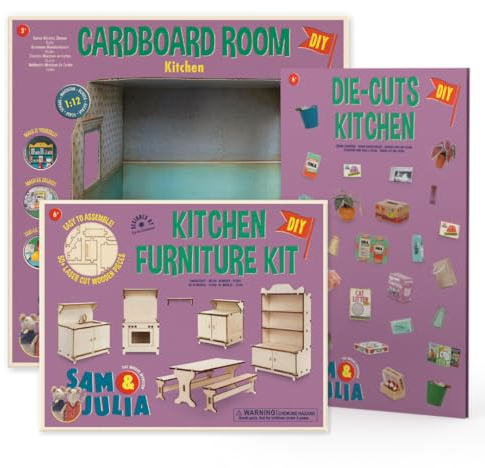 Sam & Julia - Basis Bastelset Küche - Miniatur Zimmer, Puppen-Möbel und Stanzbögen 1/12 fürs Puppenhaus zum selber basteln – Bastelset enthält: Mini-Kartonzimmer, Möbelbausatz, Stanzbögen-Set