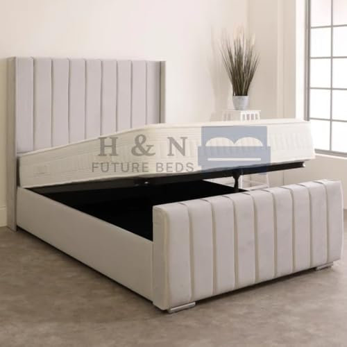 H&N FUTURE BEDS | Wingback Panel 54 Bed Frame Plush Velvet Ottoman Storage Upholstered Bed in 3ft,Double 4ft6” King 5ft, 6ft (Ivory Plush without mattress, 6FT Super King with Gaslift)
