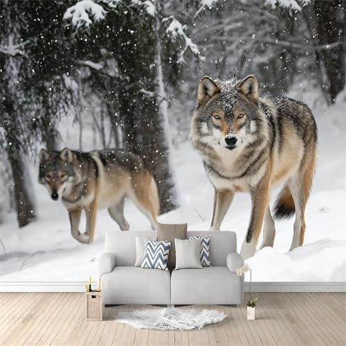 Papier Peint Photo INTISSÉ 200 x 140 cm Poster Géant Affiche Animal Loup Neige Décoration, Brun Foncé Papier Peint Panoramique 3D Décoration Murale