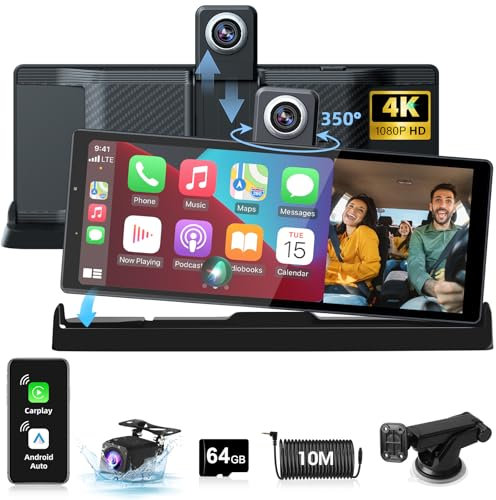 2025 Exclusive Pantalla Coche Carplay Android Auto Pantalla 350° Giratorio 4K Dashcam,10,26 Pulgadas Portátil Pantalla Carplay Coche Dual-Bluetooth Navegación de Conducción Siri G-oogle