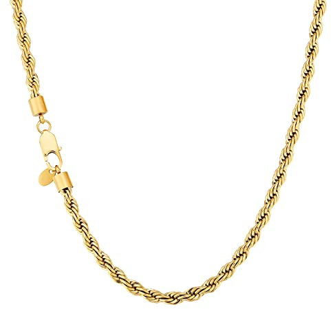 KRKC Herren Halskette, Kordelkette 18K Gold Vergoldet Edelstahl 6mm Rope Chain, Nickelfrei Kette für Männer Herren Länge 45,7cm